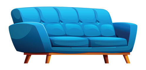 Blue sofa with tufted back and wooden legs, providing a cozy and inviting seating area. Vector cartoon illustration
