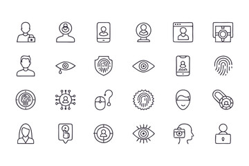 Set of privacy and data protection icons. vector line symbols for cybersecurity, user identification, secure access, and online privacy.