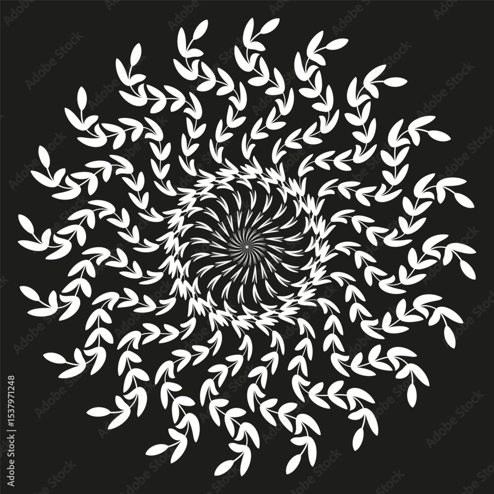 Poster white arrow spiral. dynamic motion figure. black background shape. vector rotation element