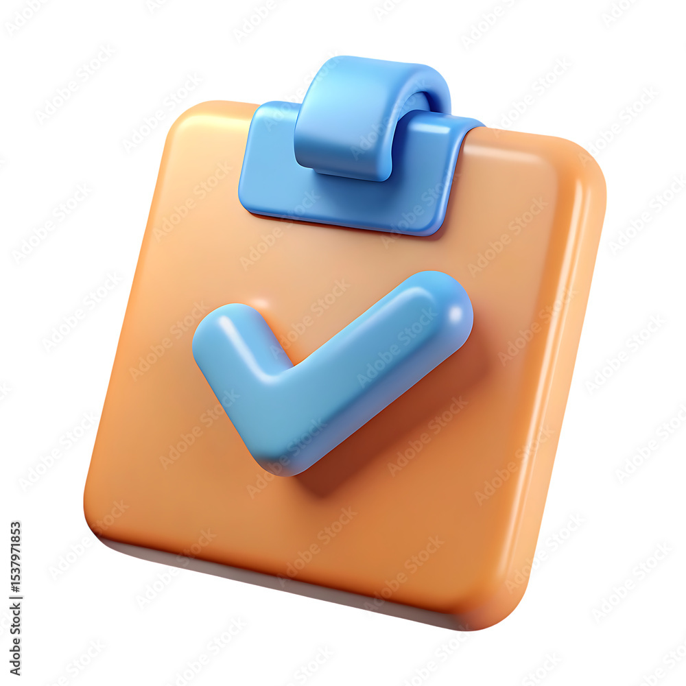 Poster 3d rendered clipboard with blue checkmark symbol representing task completion and approval