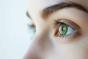 Close-Up of Green Eyes with Long Eyelashes and Natural Skin Texture in Soft Lighting.

