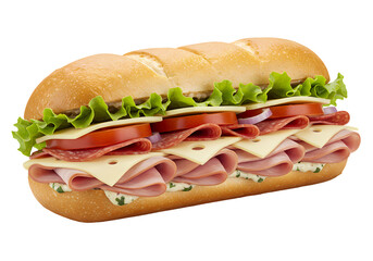 Delicious Sub Sandwich: Meat, Cheese, Lettuce, Tomato Recipe Inspiration on white background
