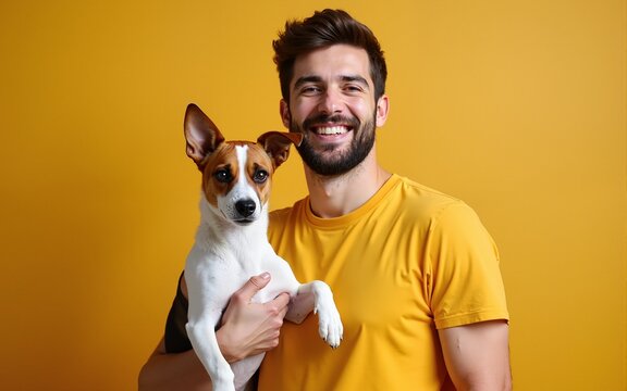 Animal, pet and people concept - Smiling man in casual mustard t-shirt with his jack russell terrier. High quality