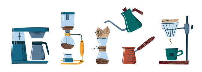 Vector illustration set of coffee brewing methods in flat cartoon style. Home and cafe equipment collection for barista tools, manual coffee making, hot drink preparation, barista kitchen design icons