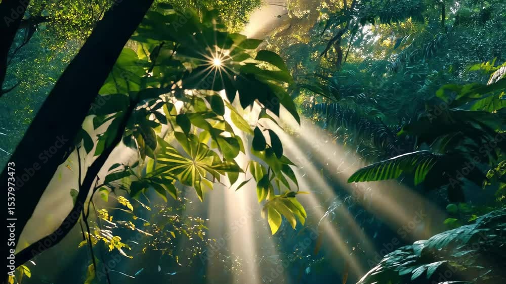 Poster sunlight filters through branches creating a mystical glow in the heart of the forest, sun light and