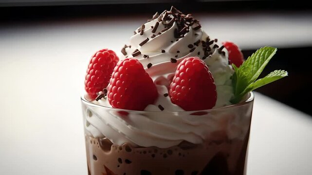 Chocolate raspberry milkshake delight, rich dessert drink with whipped cream, chocolate drizzle, mint garnish. Perfect for dessert menus, food blogs, cafes, Valentine's Day promotions.