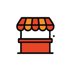 A simple illustration of a small, orange market stall with a striped awning.