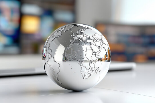 A shiny metallic globe representing global connectivity and the digital world in a modern setting.