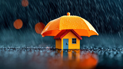A vibrant model house protected by an orange umbrella against falling raindrops, symbolizing protection and safety at home.