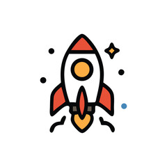 Cartoon rocket ship launching with flames, stars, and black dots on a white background.