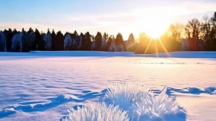 Brilliant winter landscape with frozen lake, snow covered field, ice crystals, and a warm, illuminating golden sunset beaming through silhouettes of trees - Powered by Adobe