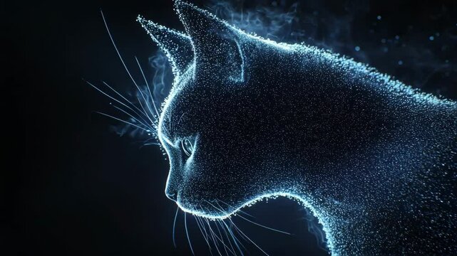 International cat day concept. A glowing, digital cat silhouette formed from hundreds of illuminated dots against a dark background.selective focus