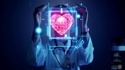 A slow motion video features a doctor interacting with a glowing AI brain hologram, highlighting advanced neural diagnostics and futuristic medical technology in a clinical setting. - Powered by Adobe