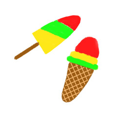 Colorful ice cream cones and popsicles in red, yellow, and green on a transparent png background, fun summer-themed design