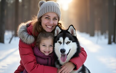 Obraz na płótnie Canvas Family portrait of a mother with her daughter hugging with their Alaskan malamute dog on a trail in the winter forest. Lovers of pets and the concept of freedom of life. High quality