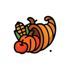 A stylized cornucopia filled with autumnal produce, including corn, pumpkins, and apples.