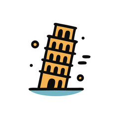 Cartoon illustration of the Leaning Tower of Pisa with a stylized design and simple shapes.
