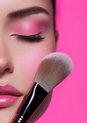 Close-up of a woman's face with pink makeup and a brush against a vibrant pink background, showcasing beauty and style.