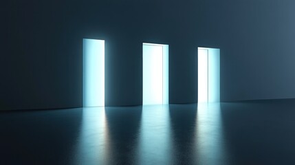 Three doors with light illuminating the interior of a room.