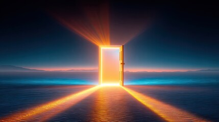 Editorial still life of candlelight in shadowy, A glowing door opens to a new horizon, symbolizing endless possibilities. Light through darkness for hope in symbolic visual composition