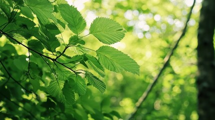 Obraz premium Lush Green Leaves in Sunlight with Soft Bokeh Background of a Woodland Forest Environment