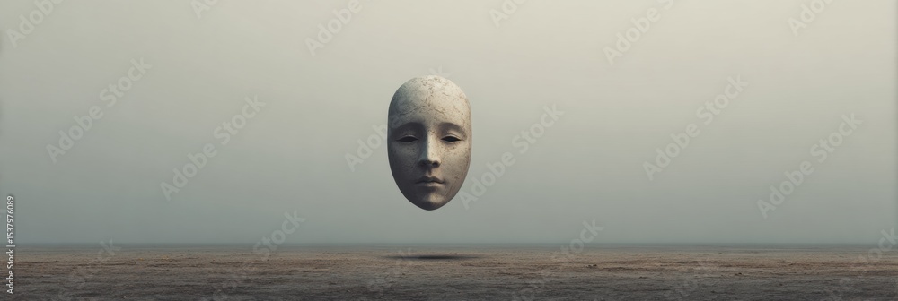 Aufkleber surreal mask fades into a neutral void creating an otherworldly atmosphere in a boundless landscape