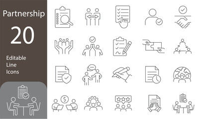 Partnership Editable Line Icons Set. business icons, agreement, documentation, conversation, and more. Vector illustration