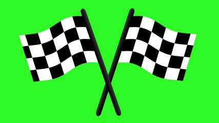 Animated crossed checkered flags on green screen background in horizontal format.
