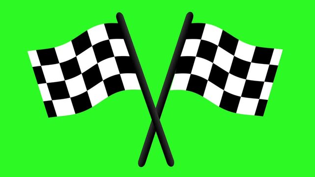 Animated crossed checkered flags on green screen background in horizontal format.