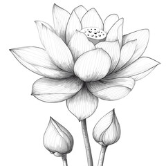 Lotus flower design, detailed fine line work, symbolizing purity, enlightenment and rebirth, delicate petals unfurling, elegant and serene, stark white background
