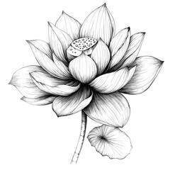 Lotus flower design, detailed fine line work, symbolizing purity, enlightenment and rebirth, delicate petals unfurling, elegant and serene, stark white background