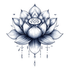 Lotus flower design, detailed fine line work, symbolizing purity, enlightenment and rebirth, delicate petals unfurling, elegant and serene, stark white background