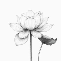 Lotus flower design, detailed fine line work, symbolizing purity, enlightenment and rebirth, delicate petals unfurling, elegant and serene, stark white background