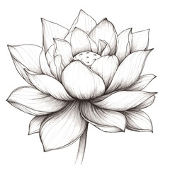 Lotus flower design, detailed fine line work, symbolizing purity, enlightenment and rebirth, delicate petals unfurling, elegant and serene, stark white background