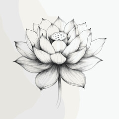 Lotus flower design, detailed fine line work, symbolizing purity, enlightenment and rebirth, delicate petals unfurling, elegant and serene, stark white background