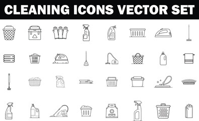 Cleaning & Housekeeping Line Icons  Vacuum, Mop, Laundry, Gloves, Sponge Vector Set