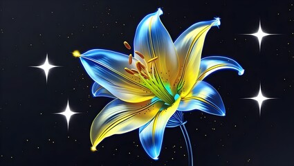 neon gradient light yellow, blue and gold art of a sundrop lily on black background with stars delicate gossamer flower petals