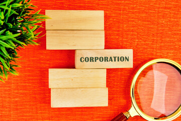 The concept word CORPORATION. Personal Income Tax, Corporate Tax, Financial Research, Documents,...