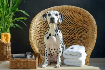 Obraz premium Dalmatian Dog Sitting in Wicker Chair with Spa and Grooming Essentials