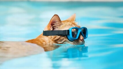 International cat day concept. A wet orange cat wearing blue goggles swims in a clear blue swimming pool, its head just above the water.selective focus