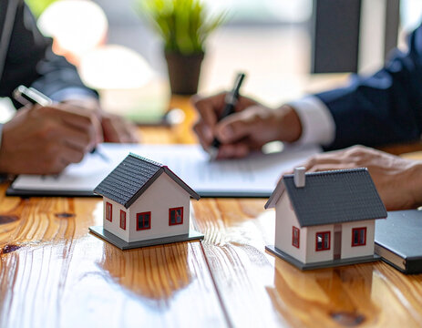 Real estate agents and clients finalize a property transaction, signing documents at a wooden desk with miniature house models.