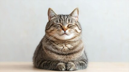 International cat day concept. A relaxed tabby cat with closed eyes sits contentedly, appearing calm and peaceful against a light background.selective focus