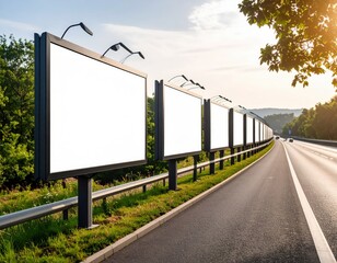 Row of Blank Billboards Along Highway with Sunset and Greenery