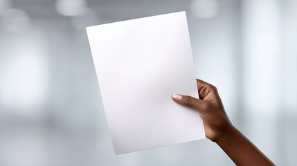 Hand holding blank white sheet of paper in bright, modern setting