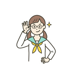 眼鏡を上げてニヤリと笑い自信を見せる女子学生
