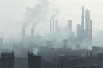 Fototapeta premium Smog Filled Industrial Cityscape with Grey Buildings and Towers