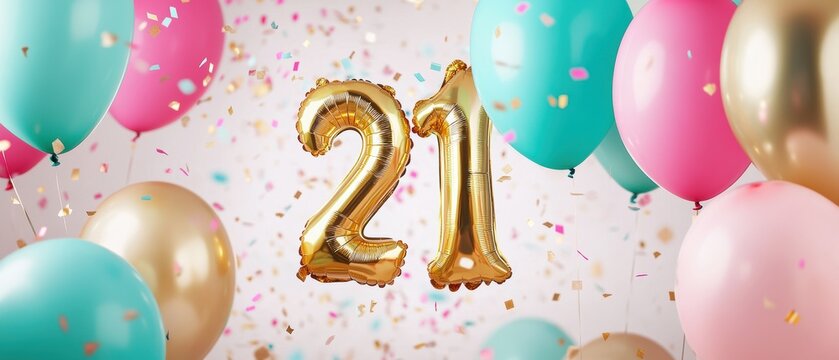21st birthday party celebration with colorful balloons and confetti, festive decorations, joyful moments, party decor, milestone event, fun atmosphere