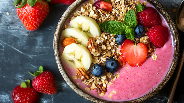 Delicious and healthy smoothie bowl topped with fresh berries granola and banana slices