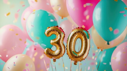 Balloons and decorations for 30th birthday party celebration with colorful helium balloons and festive confetti on pastel background.