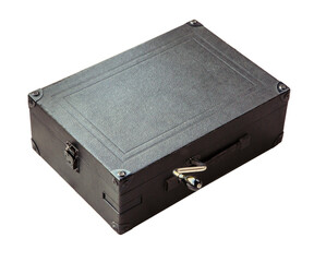 Vintage gray suitcase with metal handle on transparent background